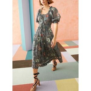 Ulla Johnson Midi Blue Floral Puff-Sleeve Indah Cotton-Blend Dress